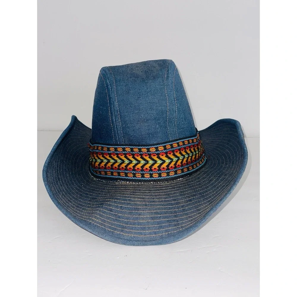Vintage Resistol Stagecoach Blue Denim Western Cowboy Hat Aztec Band Size 7 3/8